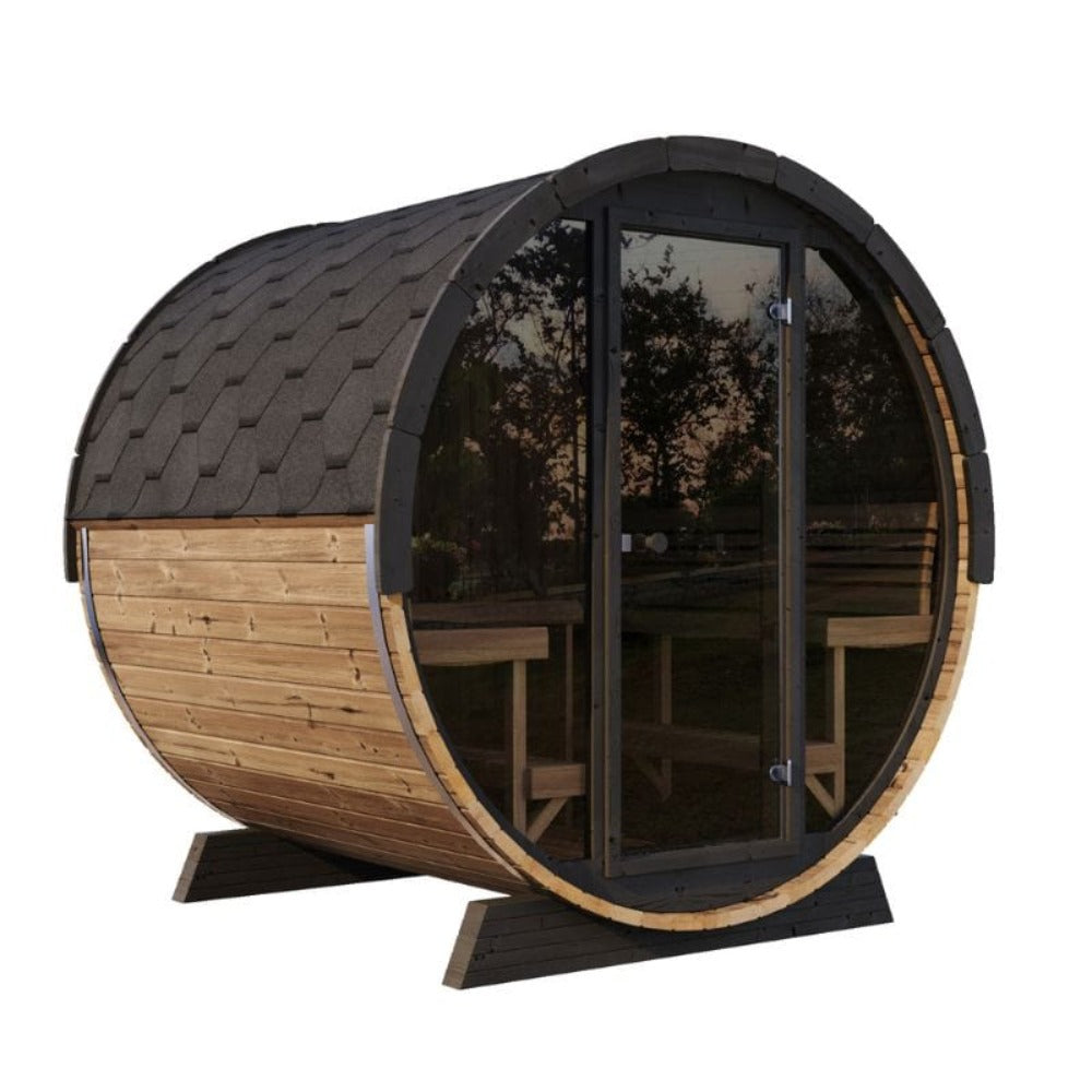 Side profile of the SaunaLife EE8G sauna highlighting the black shingle roof and thick Thermo-Spruce staves.