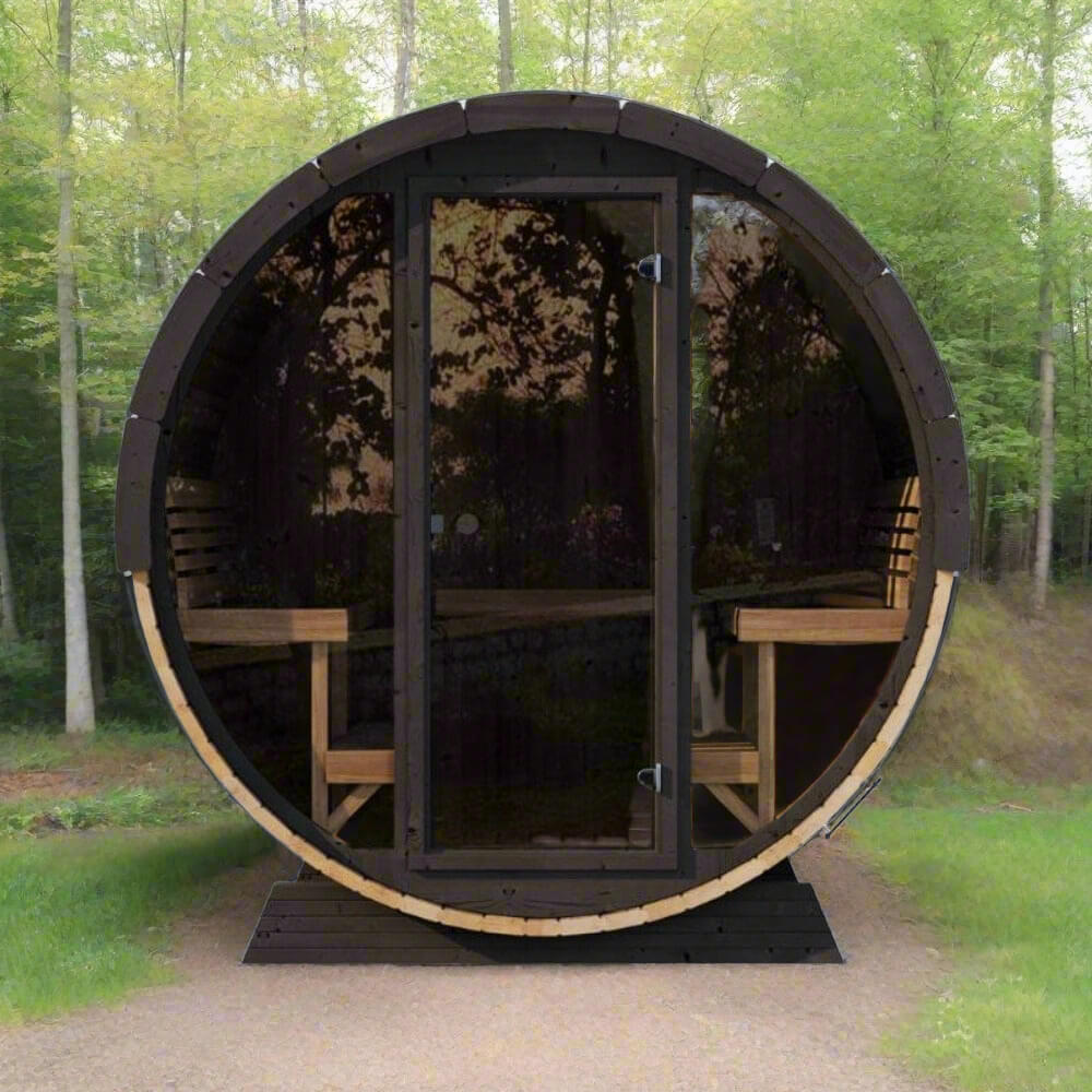 SaunaLife EE8G outdoor barrel sauna with full 8mm tempered glass front wall set in a forest landscape.