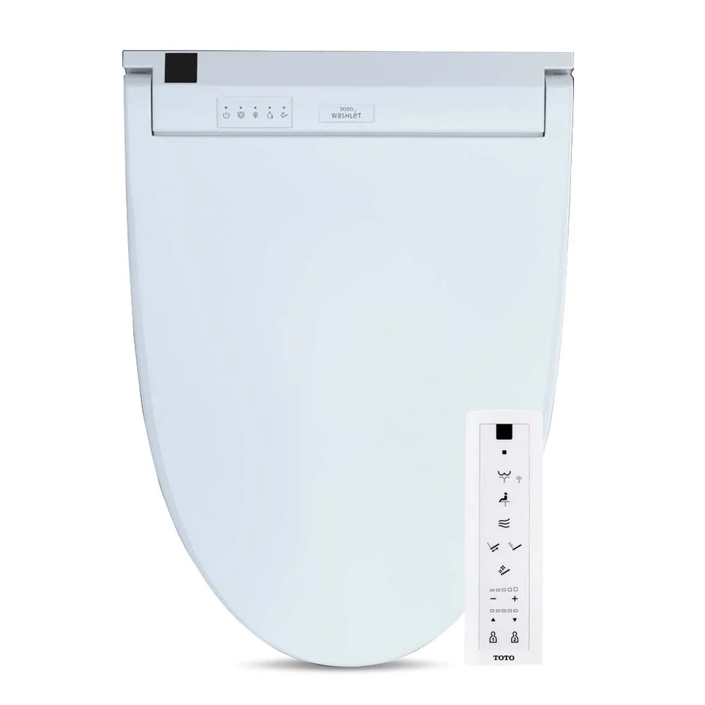 Front view of TOTO WASHLET C5 installed on toilet with wireless remote placed beside it