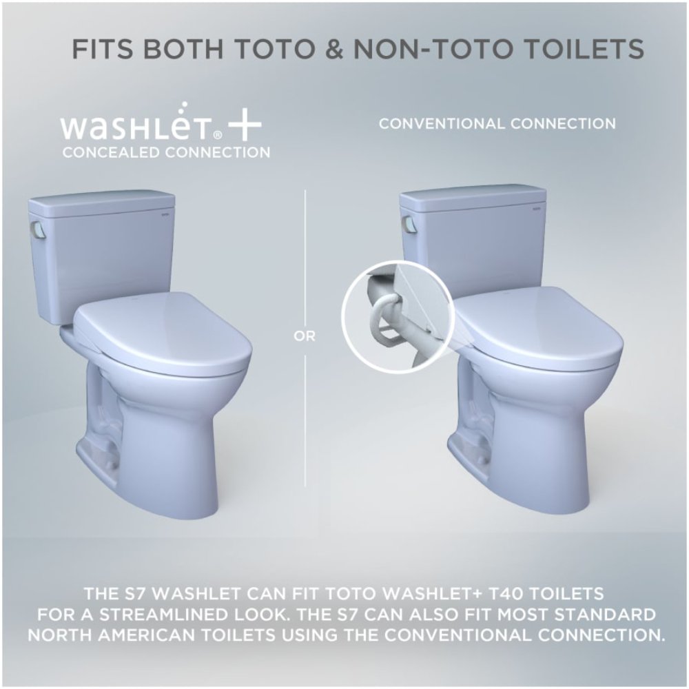 Side-by-side comparison showing the TOTO WASHLET S7 installed on a WASHLET+ toilet with a concealed connection versus a standard toilet with a conventional exposed connection, demonstrating compatibility with both TOTO and non-TOTO toilets.