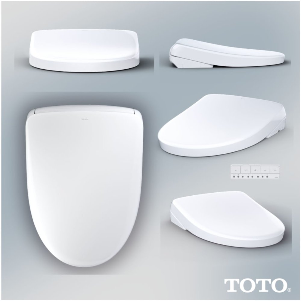 Collage showing multiple angles of the TOTO WASHLET S7 contemporary elongated bidet seat, including top view, side profile, front view, angled perspective, and included remote control, with the TOTO logo displayed in the lower right corner.