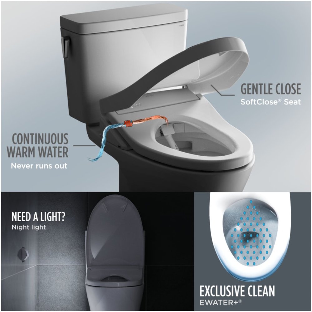 Three-part graphic showing TOTO WASHLET features: top section displays a toilet with the bidet seat lifting gently using the SoftClose® mechanism and continuous warm-water spray; bottom-left shows the night-light feature illuminating the bowl in a dark bathroom; bottom-right shows EWATER+ cleaning the bowl with a blue spray pattern labeled “Exclusive Clean.”