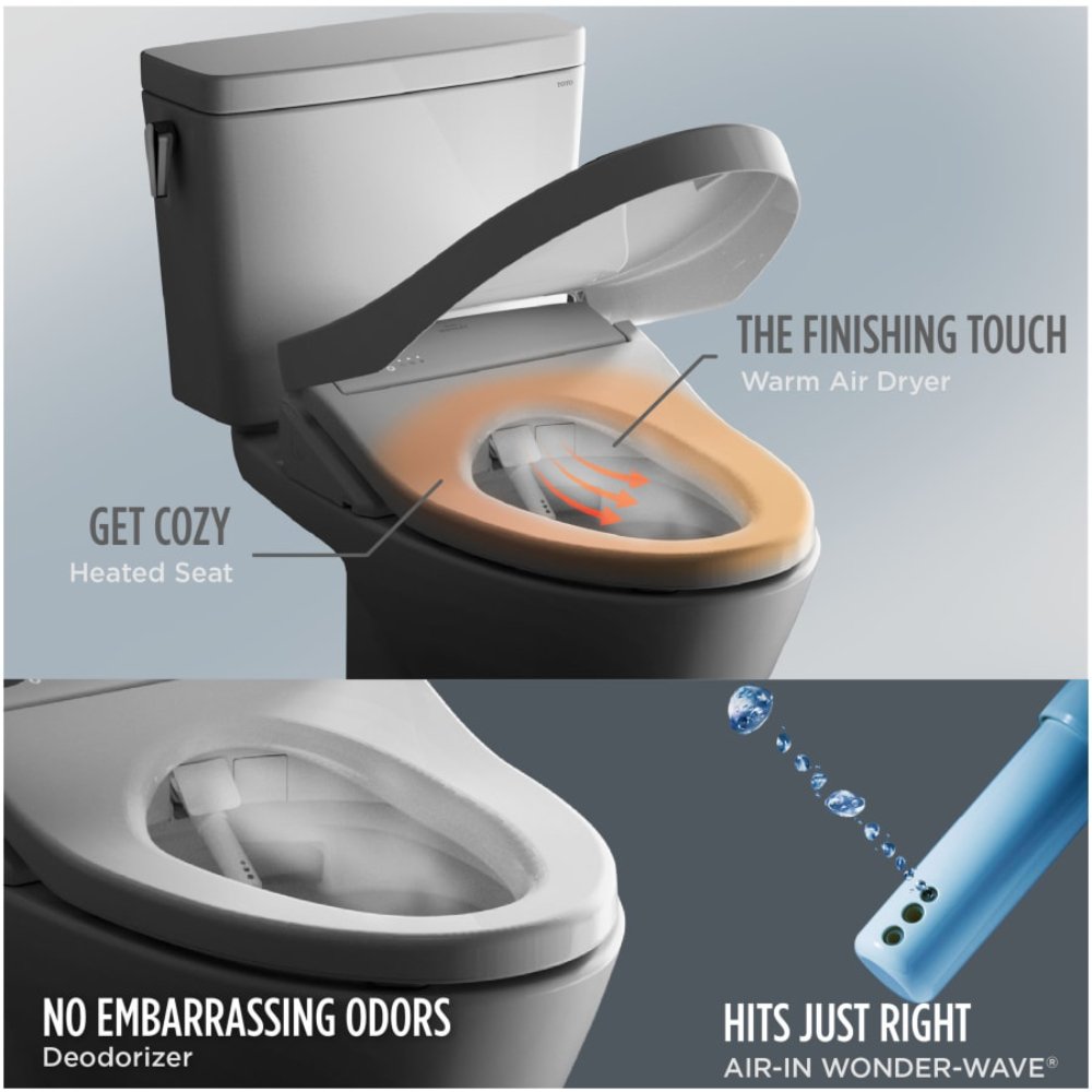 Two-part graphic showing TOTO WASHLET comfort features: top section highlights the heated seat labeled “Get Cozy” and warm air dryer labeled “The Finishing Touch”; bottom section shows the deodorizer operating inside the bowl and a close-up of the AIR-IN Wonder-Wave spray nozzle with water droplets labeled “Hits Just Right.”