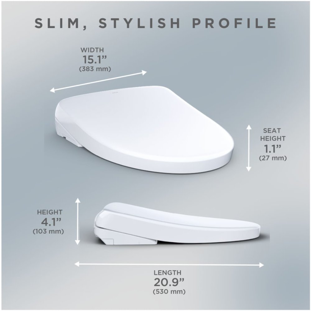 Diagram showing the slim profile of the TOTO WASHLET S7 with labeled dimensions: width 15.1 inches (383 mm), length 20.9 inches (530 mm), overall height 4.1 inches (103 mm), and front seat height 1.1 inches (27 mm).