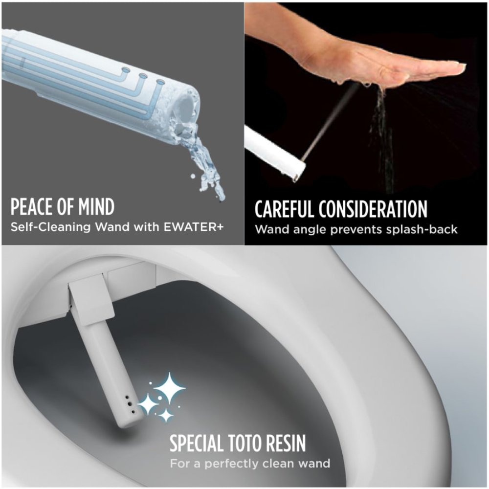 Three-part graphic showing TOTO WASHLET wand features: top-left image of the EWATER+ self-cleaning wand labeled “Peace of Mind”; top-right image demonstrating the wand spray angle designed to prevent splash-back labeled “Careful Consideration”; bottom image showing the wand inside the bowl with sparkles illustrating TOTO’s special resin coating for a cleaner wand.