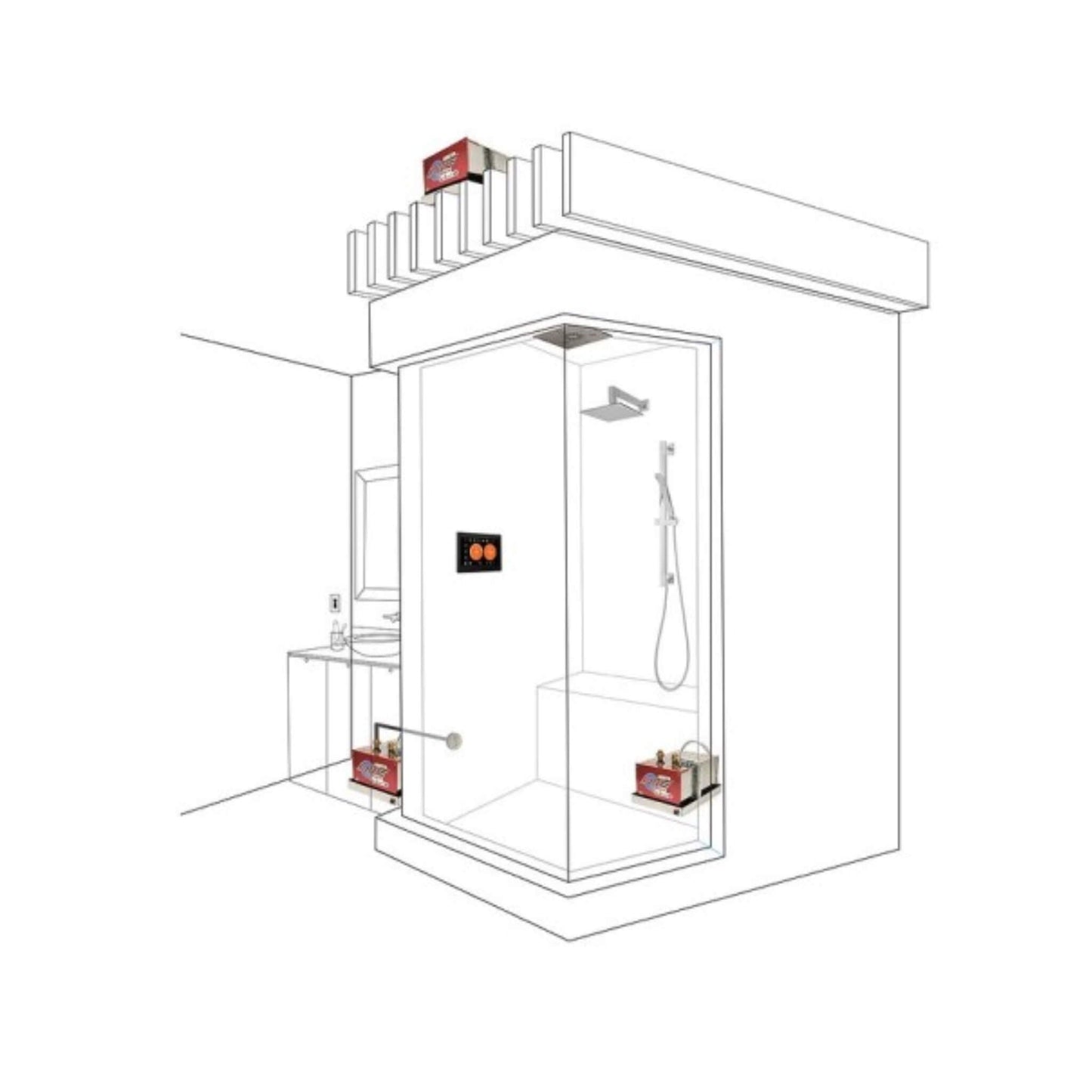 “ThermaSol steam shower installation schematic showing control, generator, and steam head placement.”