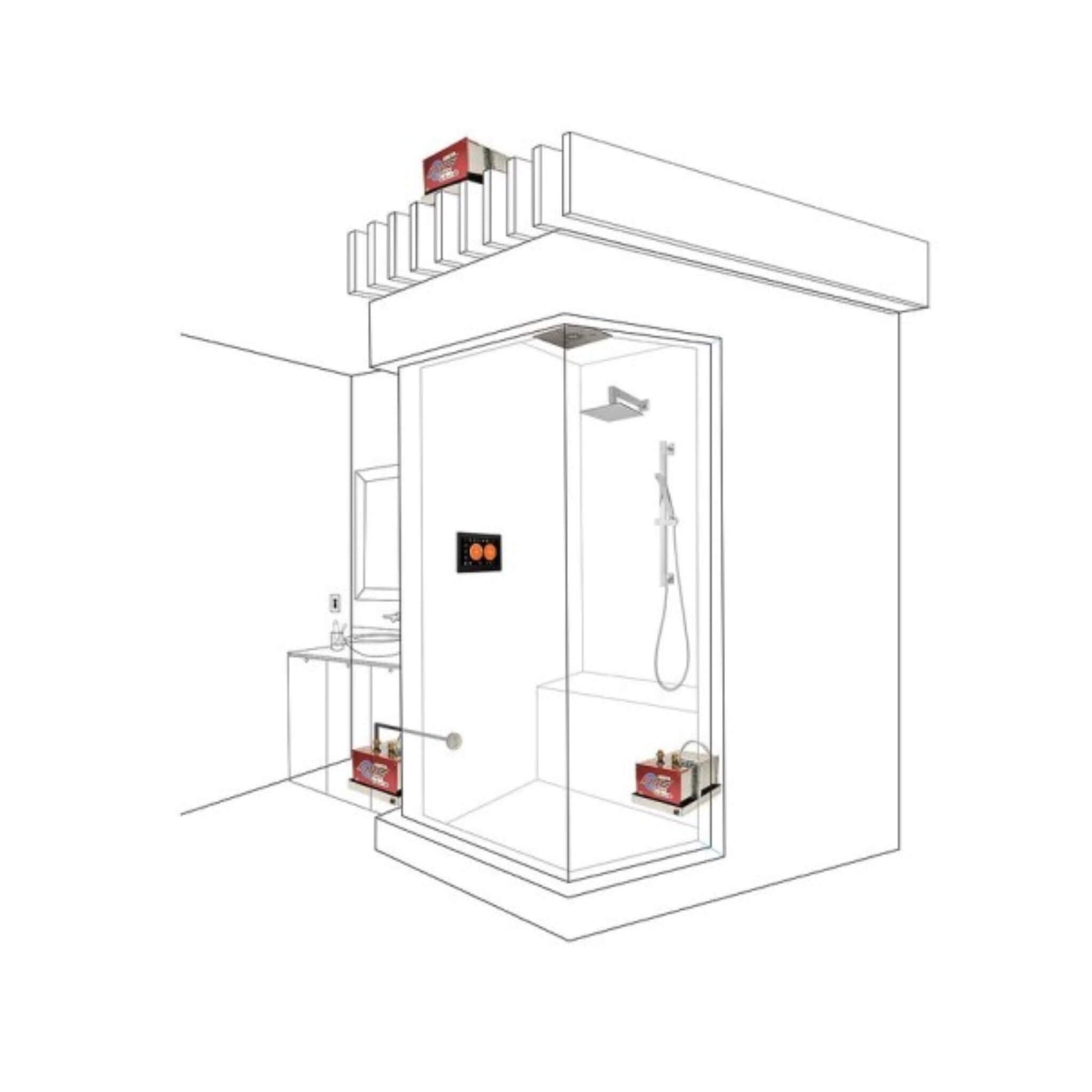“ThermaSol steam shower installation schematic showing control, generator, and steam head placement.”