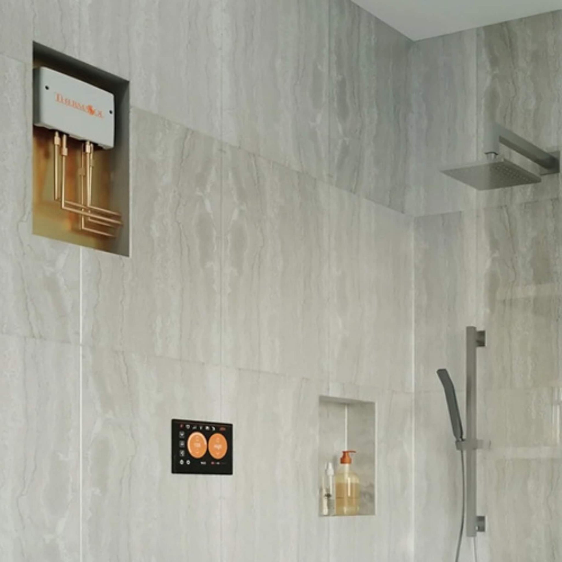 “Contemporary bathroom steam shower featuring ThermaSol control and rainfall showerhead.”