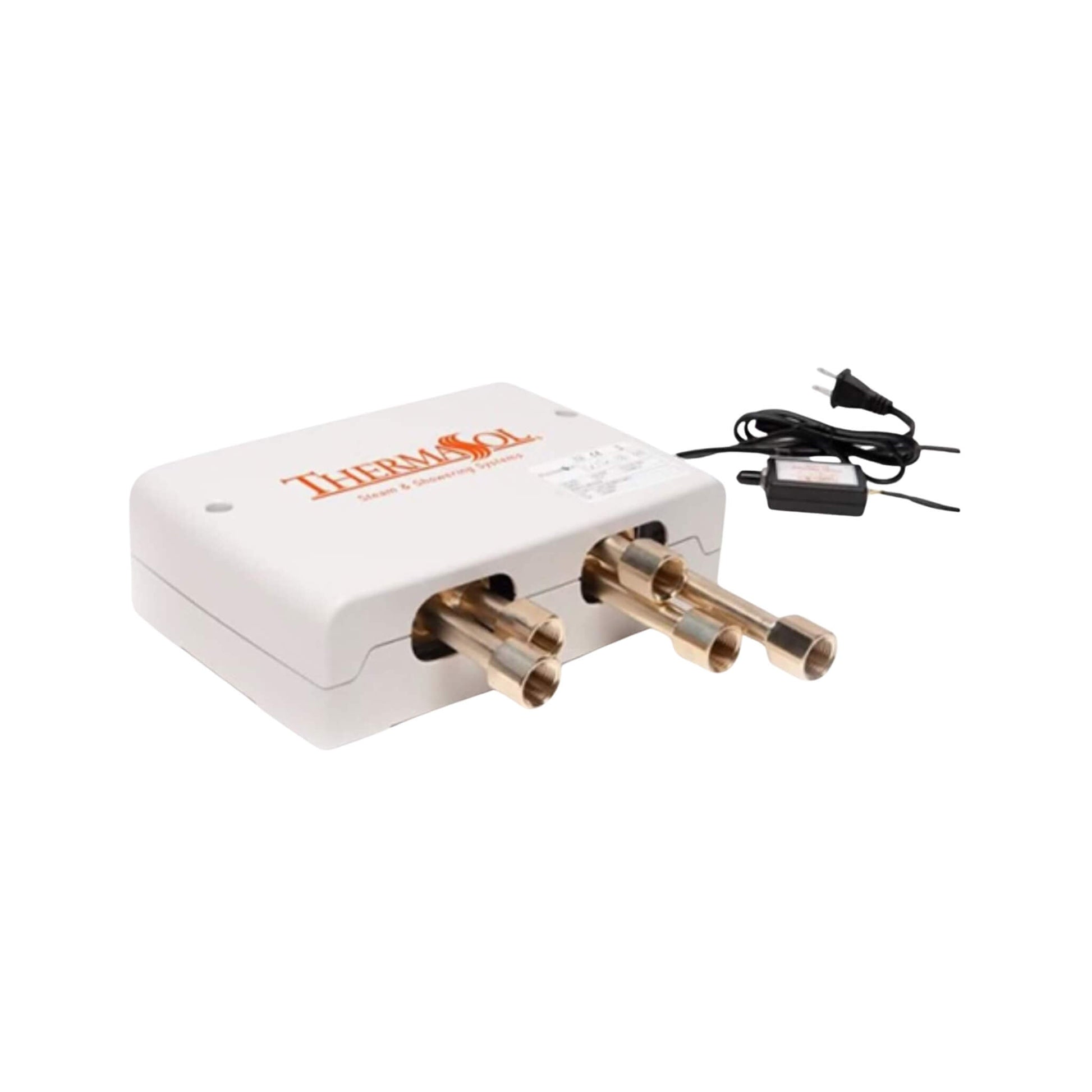 “ThermaSol digital shower valve assembly with wiring harness and brass outlets.”