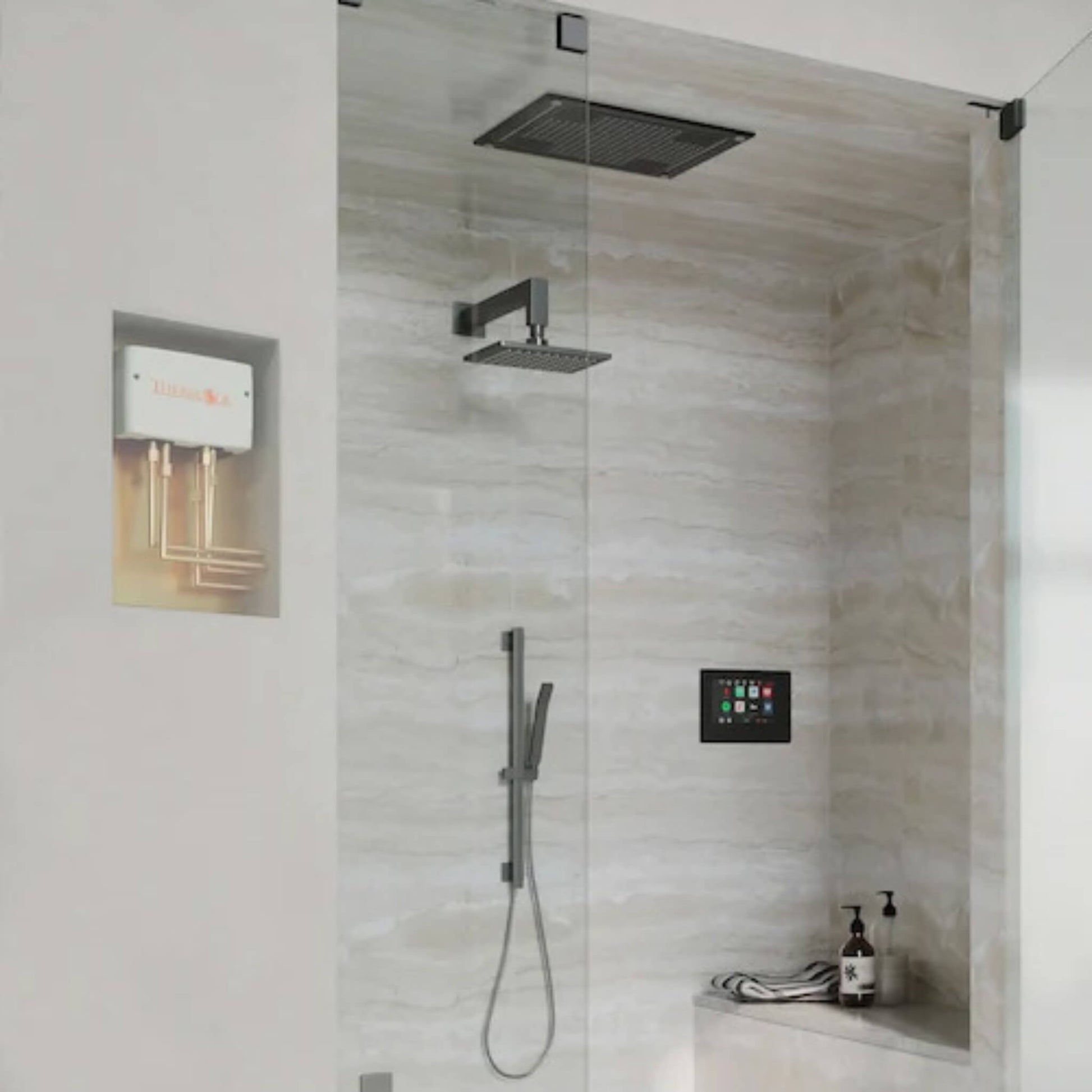 Modern steam shower with wall-mounted ThermaSol 7-inch digital control panel.