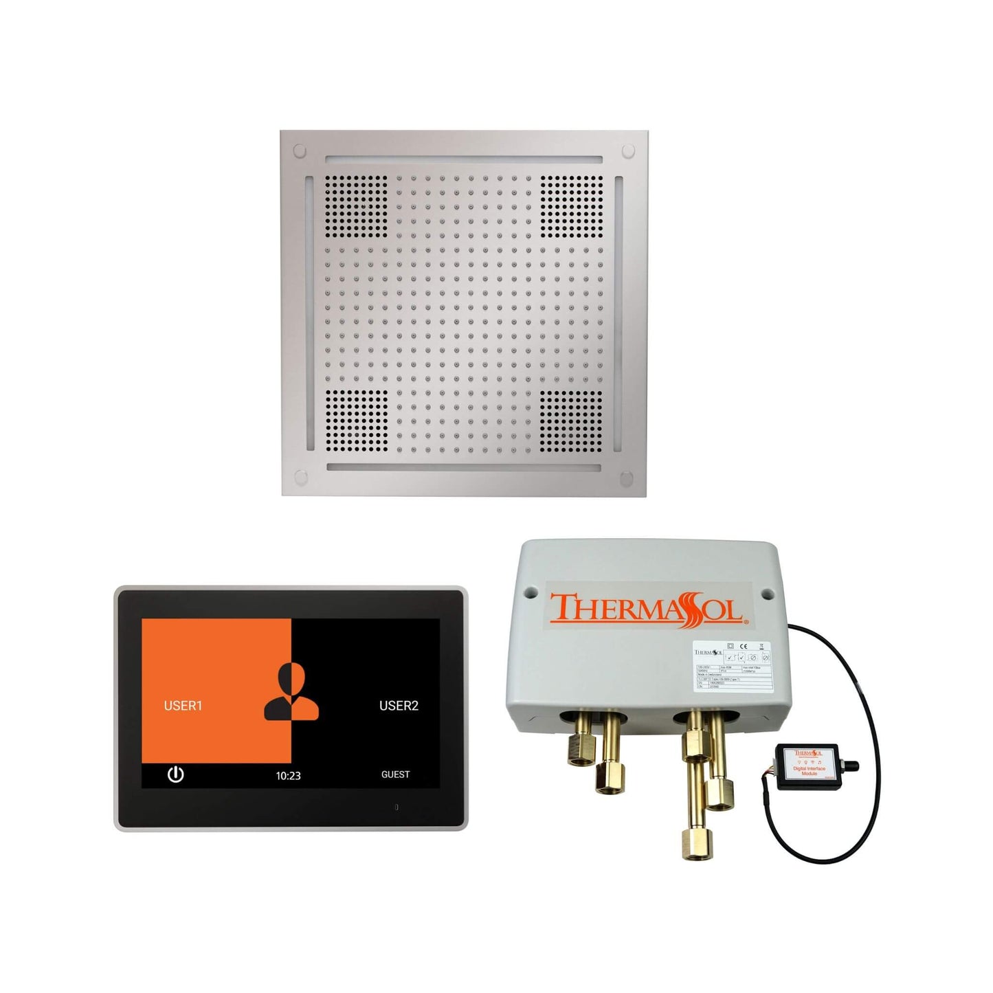 ThermaSol WHSP10S shower control package showing the HydroVive rainhead, 10-inch ThermaTouch touchscreen, digital shower valve, and power module in Polished Nickel finish.