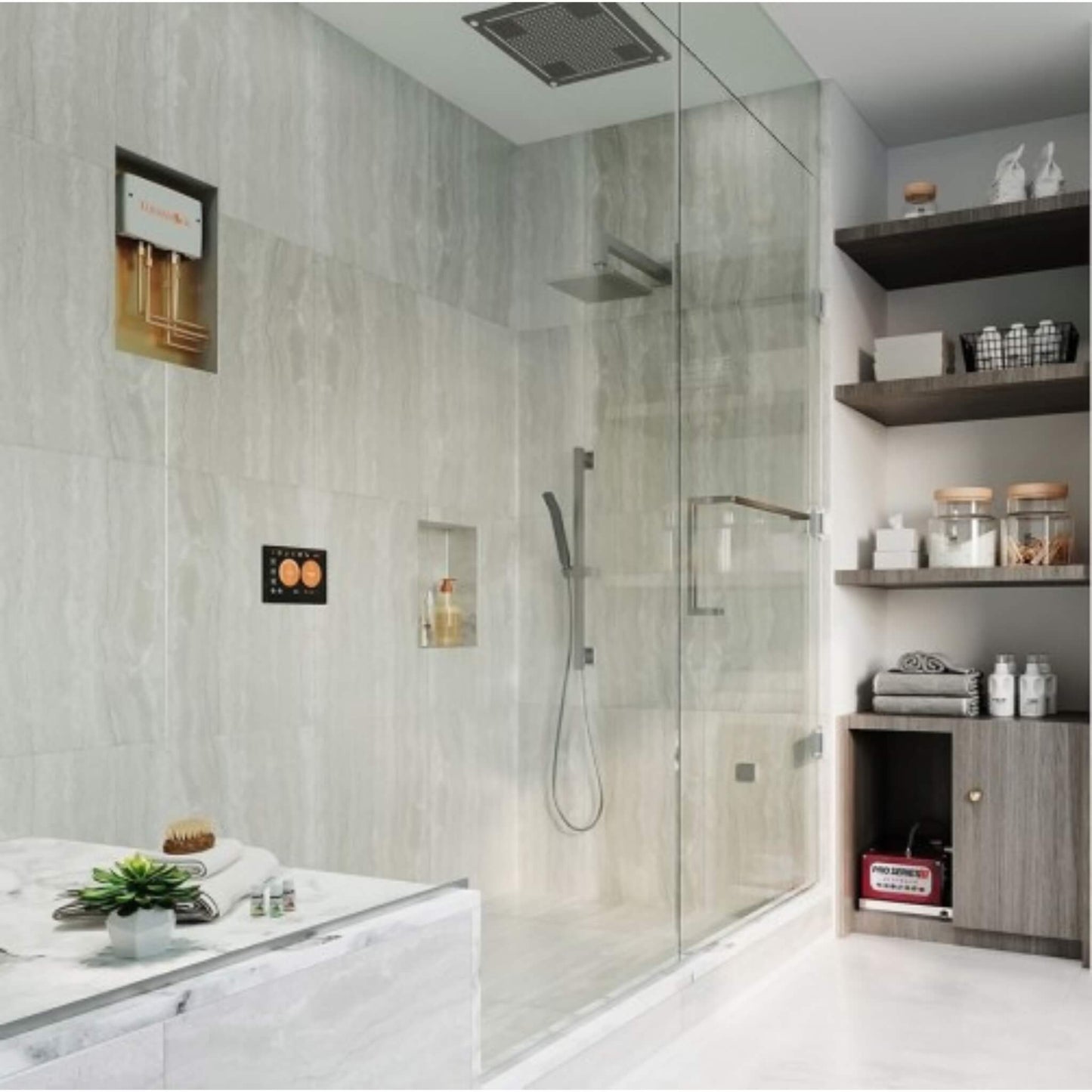 Luxury steam shower with ThermaSol HydroVive rainhead and ThermaTouch 10 touchscreen control installed on the wall.