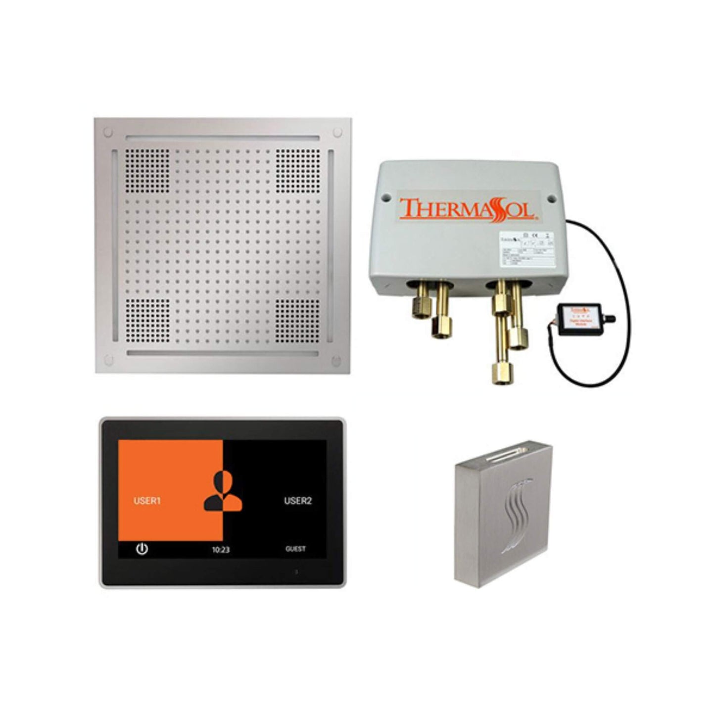 Full ThermaSol ThermaTouch 10" Smart Shower Package including HydroVive 18 rainhead, digital valve, SteamVection steamhead, and controls.