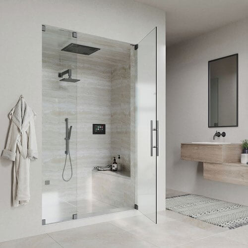 Minimalist bathroom showcasing the ThermaSol HydroVive rainhead and ThermaTouch smart touchscreen system.