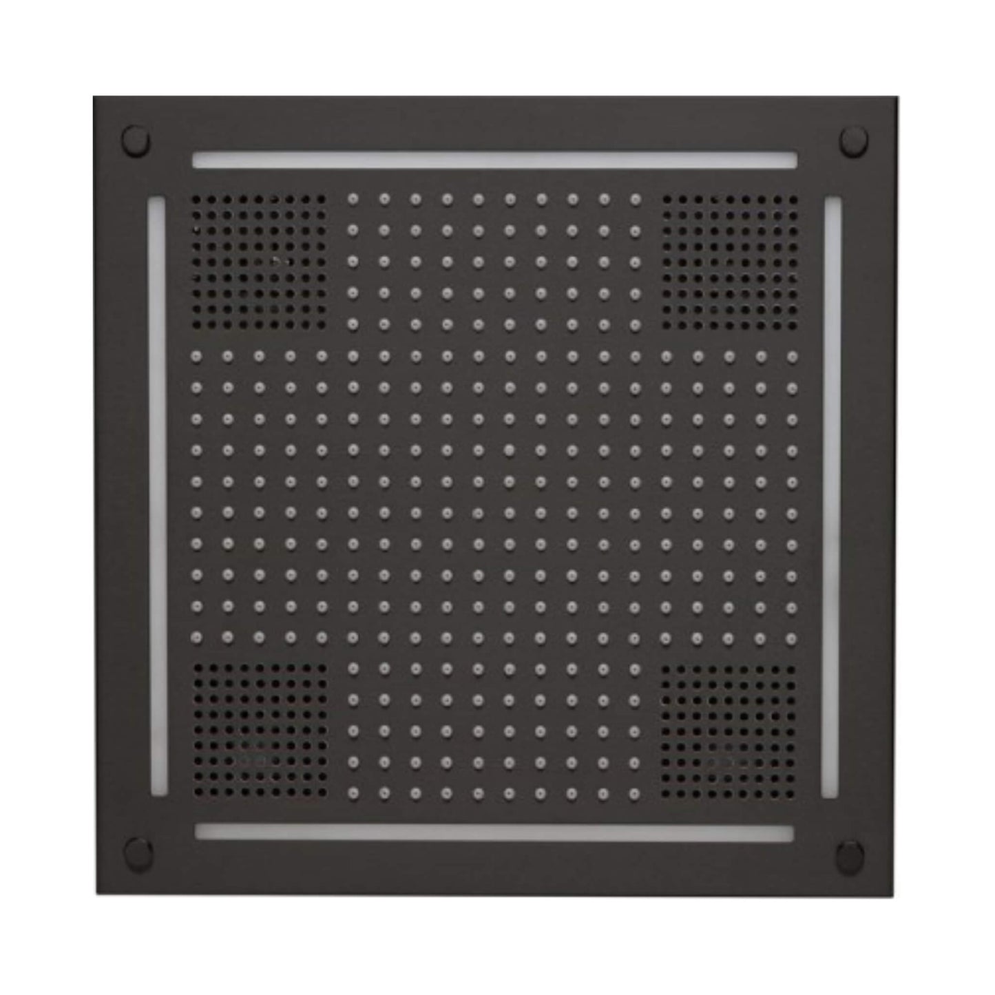 “Underside view of HydroVive 18 rainhead showing LED array and water jets”