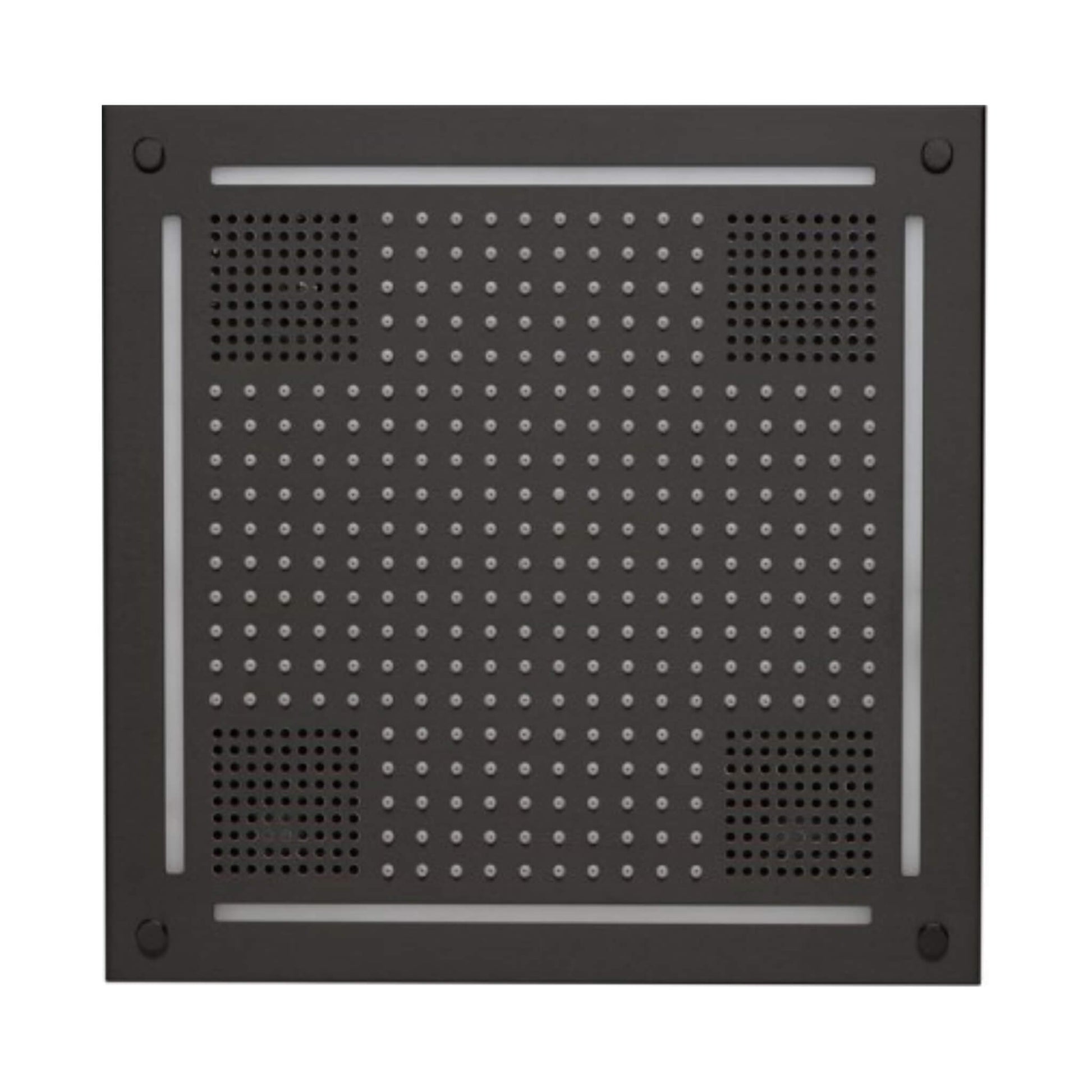 “Underside view of HydroVive 18 rainhead showing LED array and water jets”