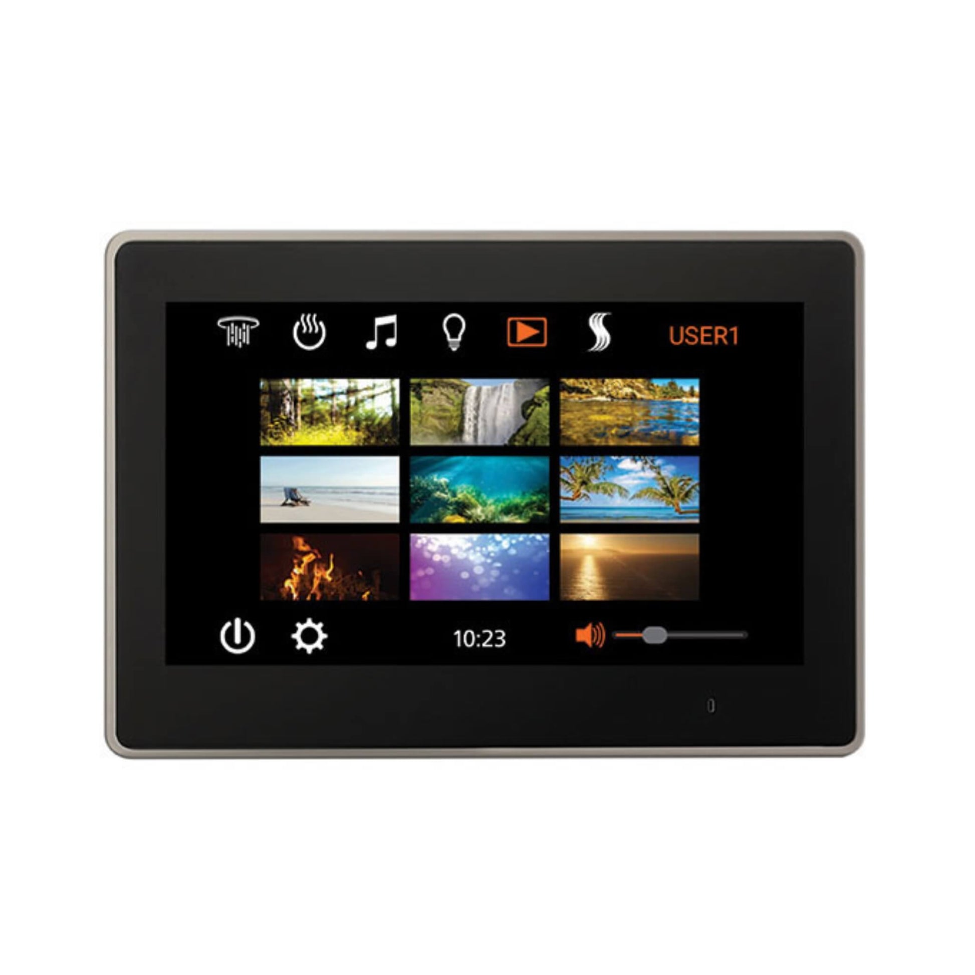 ThermaSol ThermaTouch 10-inch waterproof smart touchscreen displaying apps, media, and control options.