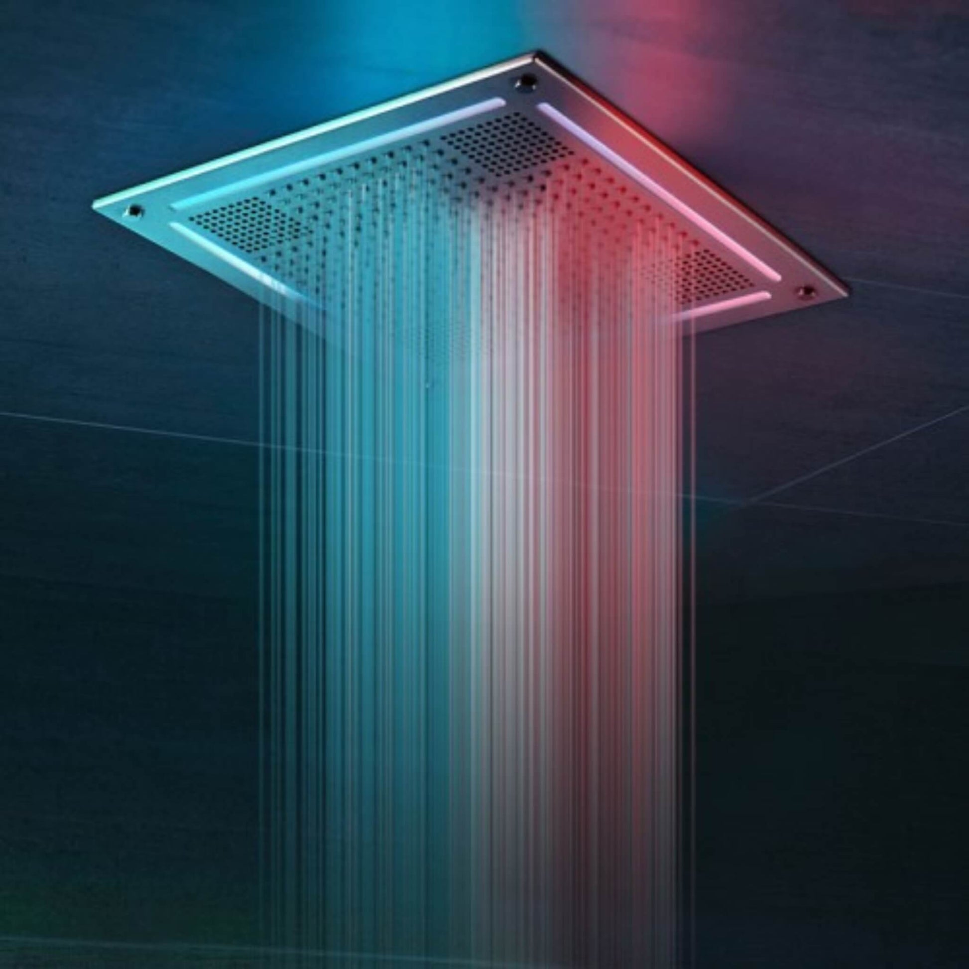 ThermaSol HydroVive 18 rainfall showerhead with full-spectrum LED lighting and 300-jet water output in a dark modern ceiling installation.