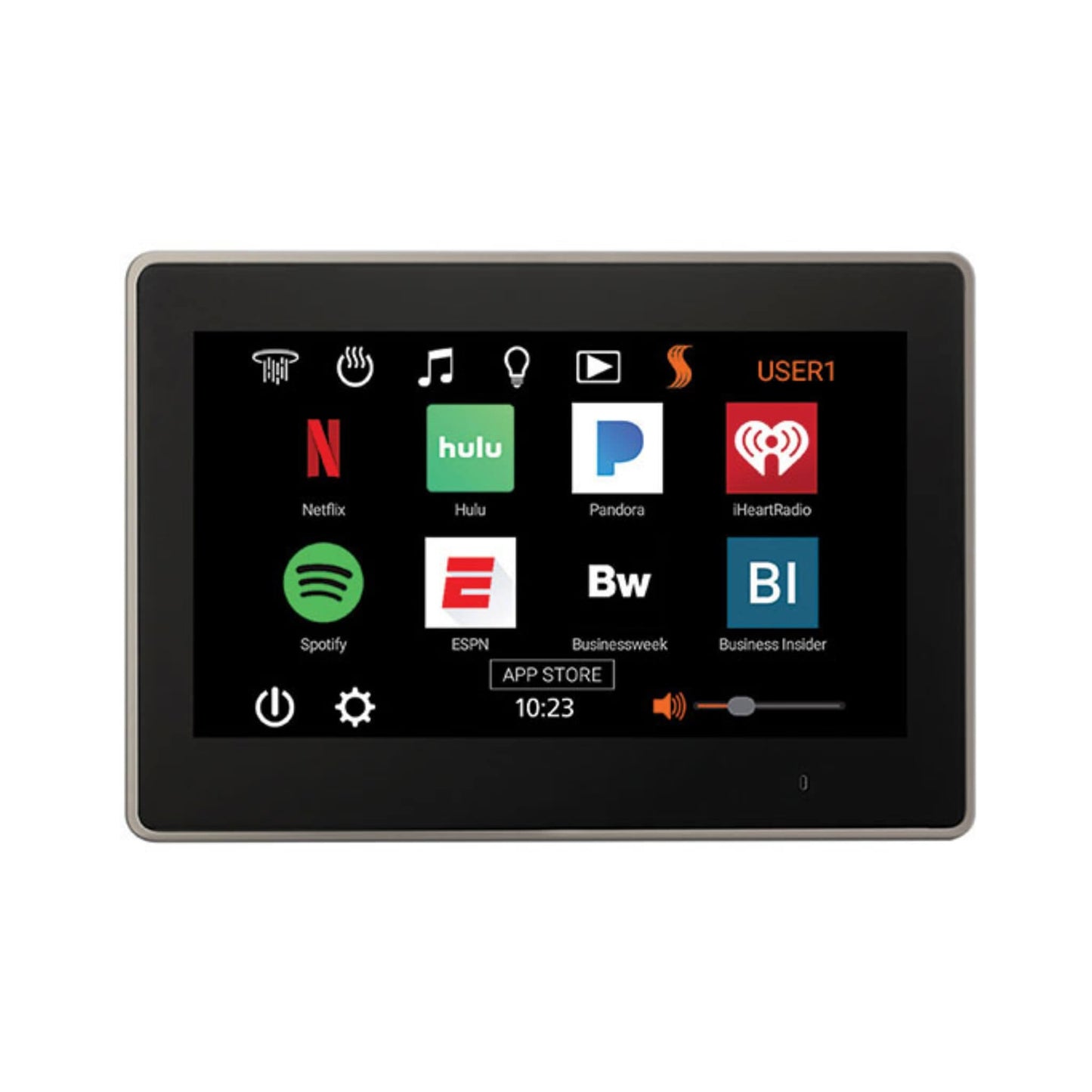 ThermaSol smart shower interface displaying apps and media controls.