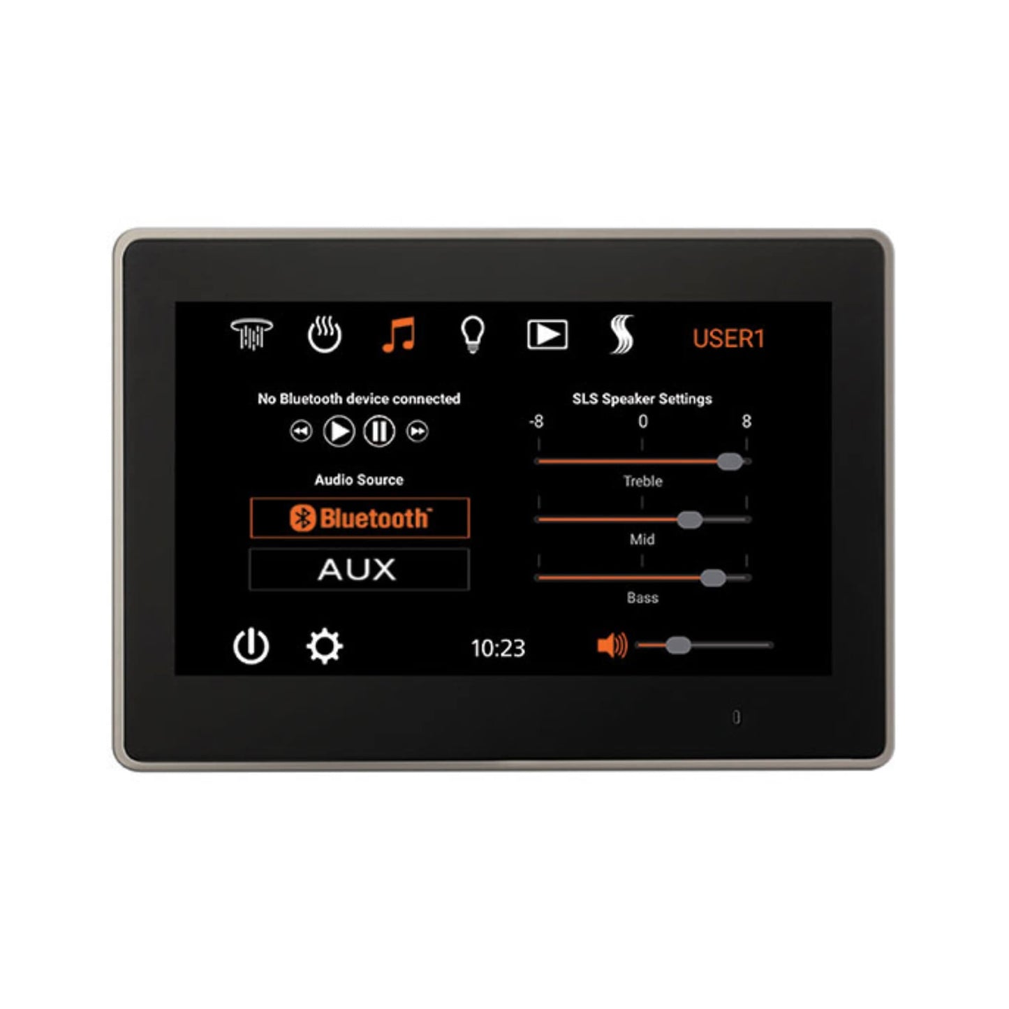 “ThermaSol ThermaTouch 10-inch touchscreen interface showing audio and Bluetooth settings.”