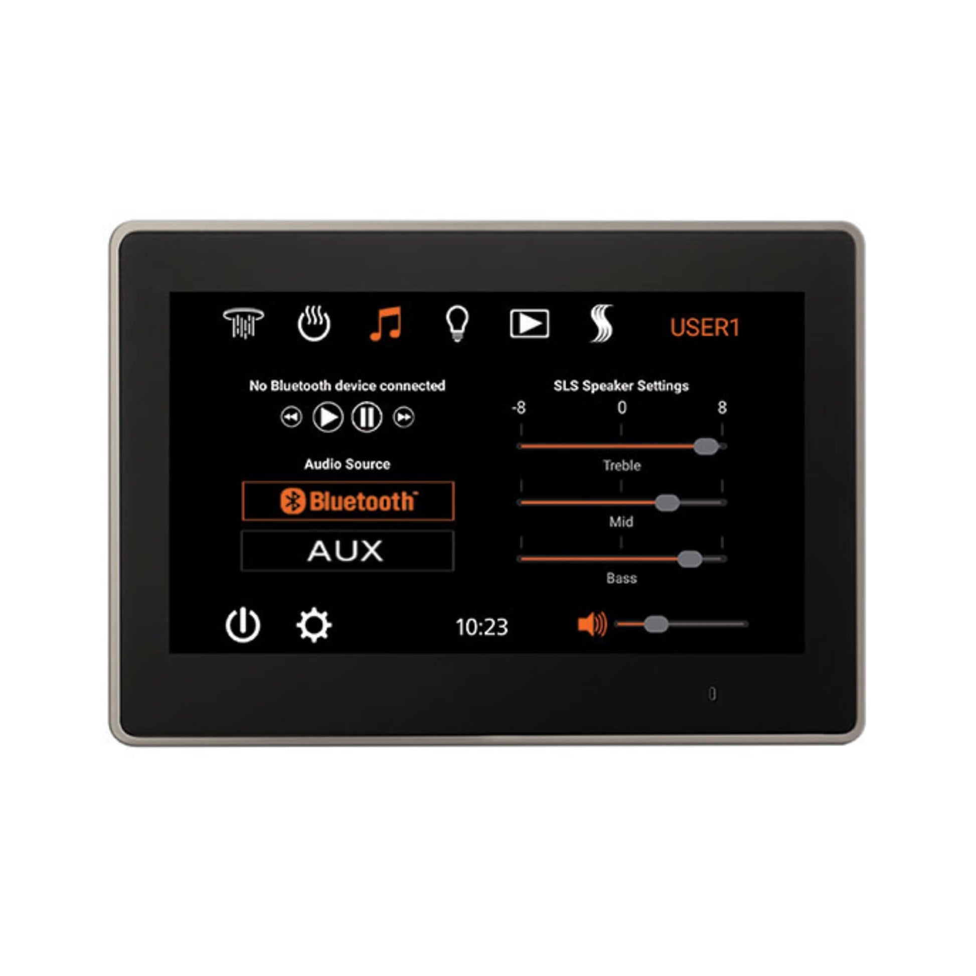 “ThermaSol ThermaTouch 10-inch touchscreen interface showing audio and Bluetooth settings.”