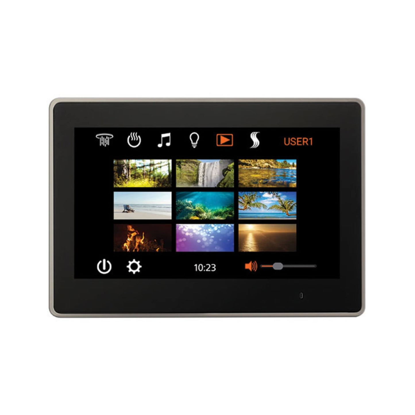 “ThermaSol ThermaTouch 10-inch control panel displaying steam and shower configuration menu.”