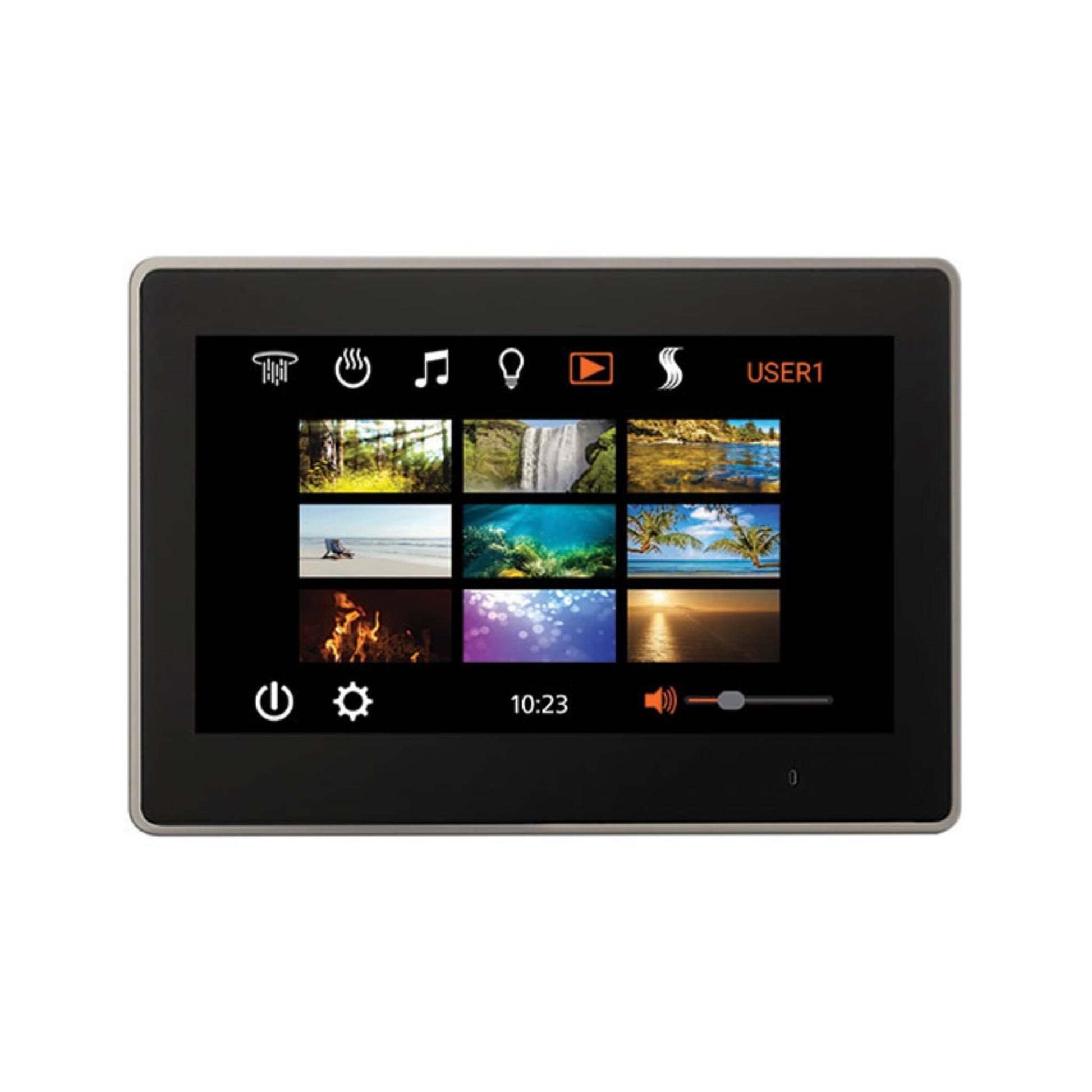 “ThermaSol ThermaTouch 10-inch control panel displaying steam and shower configuration menu.”