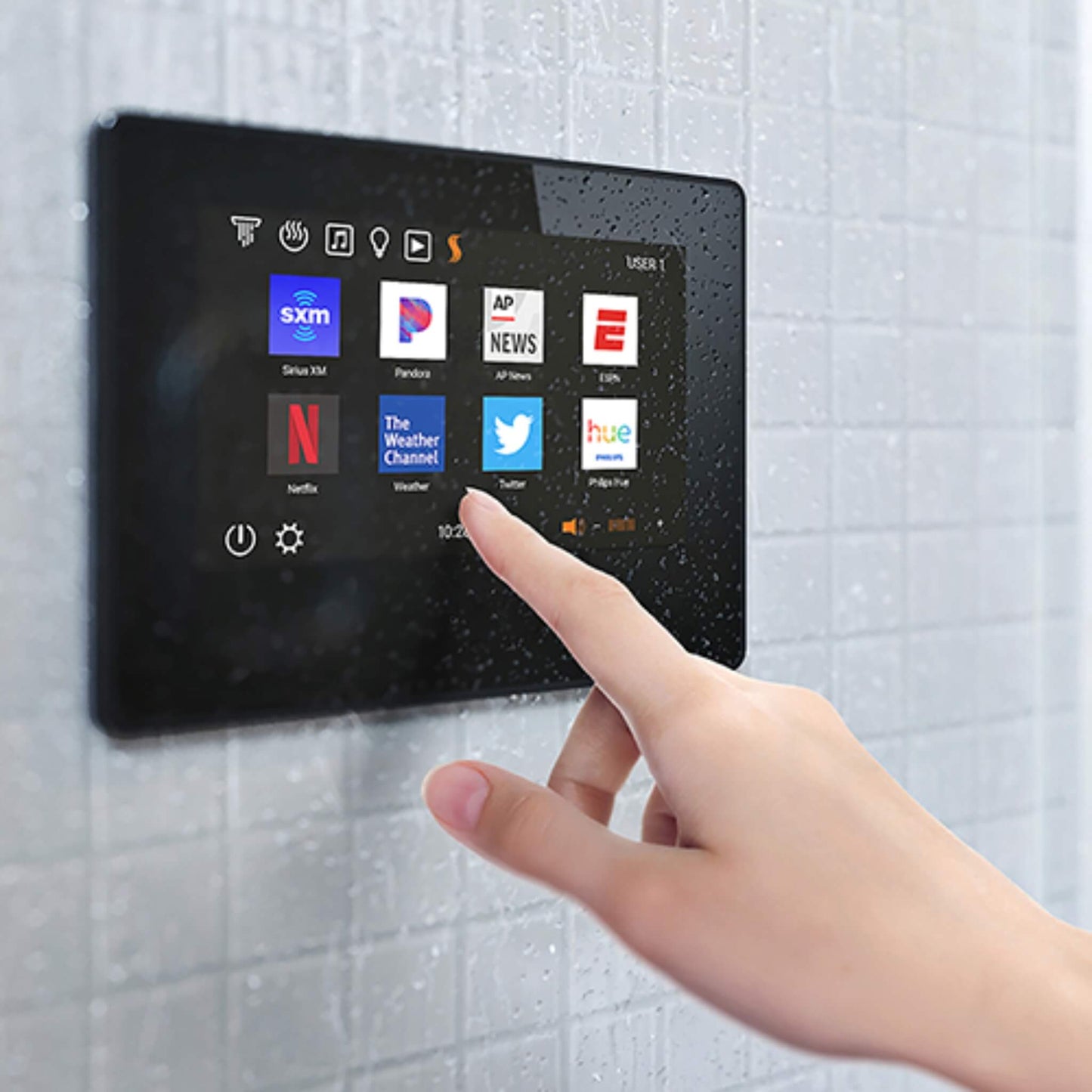 “User adjusting settings on the wall-mounted ThermaSol ThermaTouch 10-inch smart shower touchscreen.”