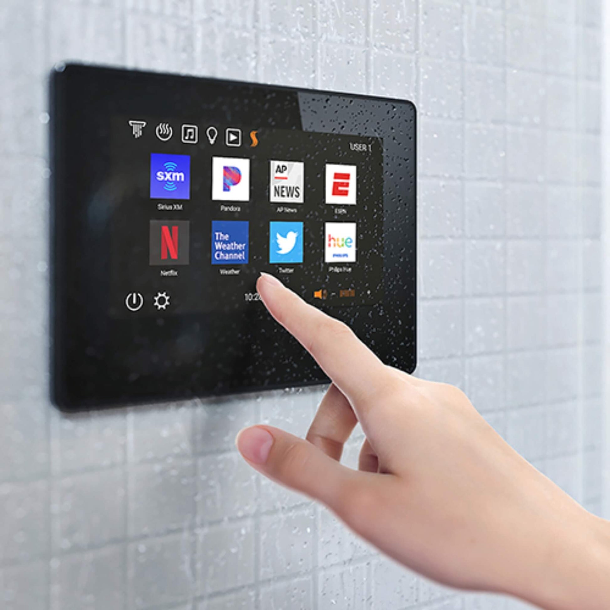 “User adjusting settings on the wall-mounted ThermaSol ThermaTouch 10-inch smart shower touchscreen.”
