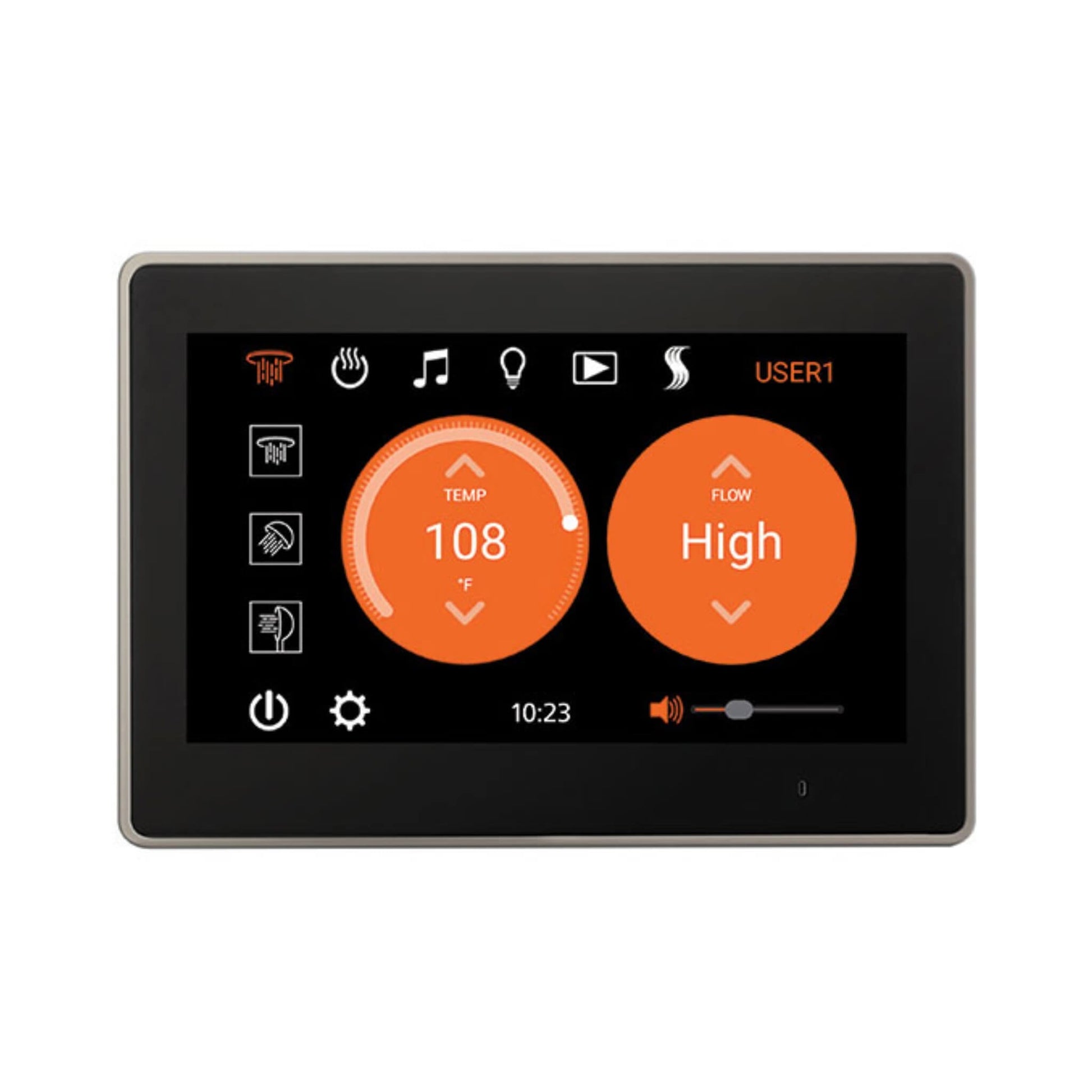 “ThermaSol ThermaTouch 10-inch shower control panel displaying precise time and temperature settings.”