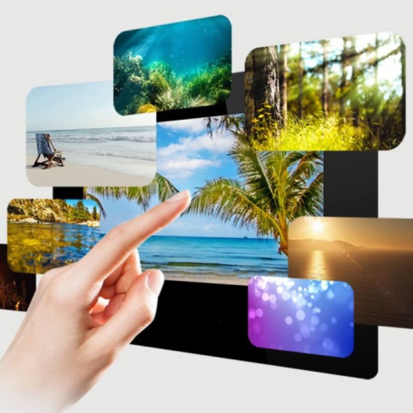 “Hand interacting with the ThermaSol smart shower interface displaying apps and media controls.”