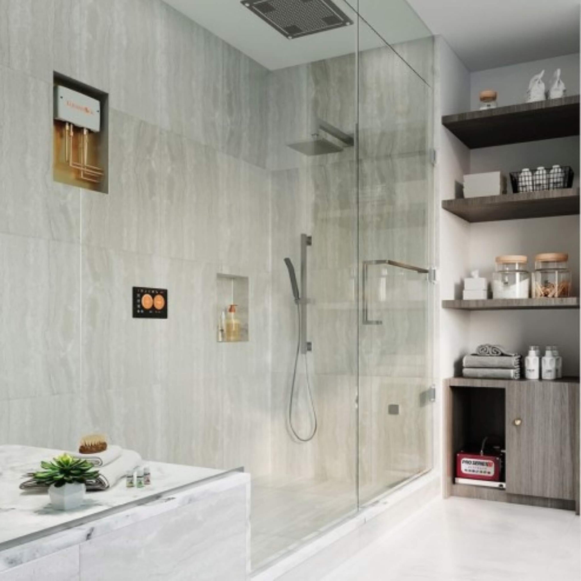 “Luxury shower installation featuring HydroVive rainhead and ThermaTouch control panel”