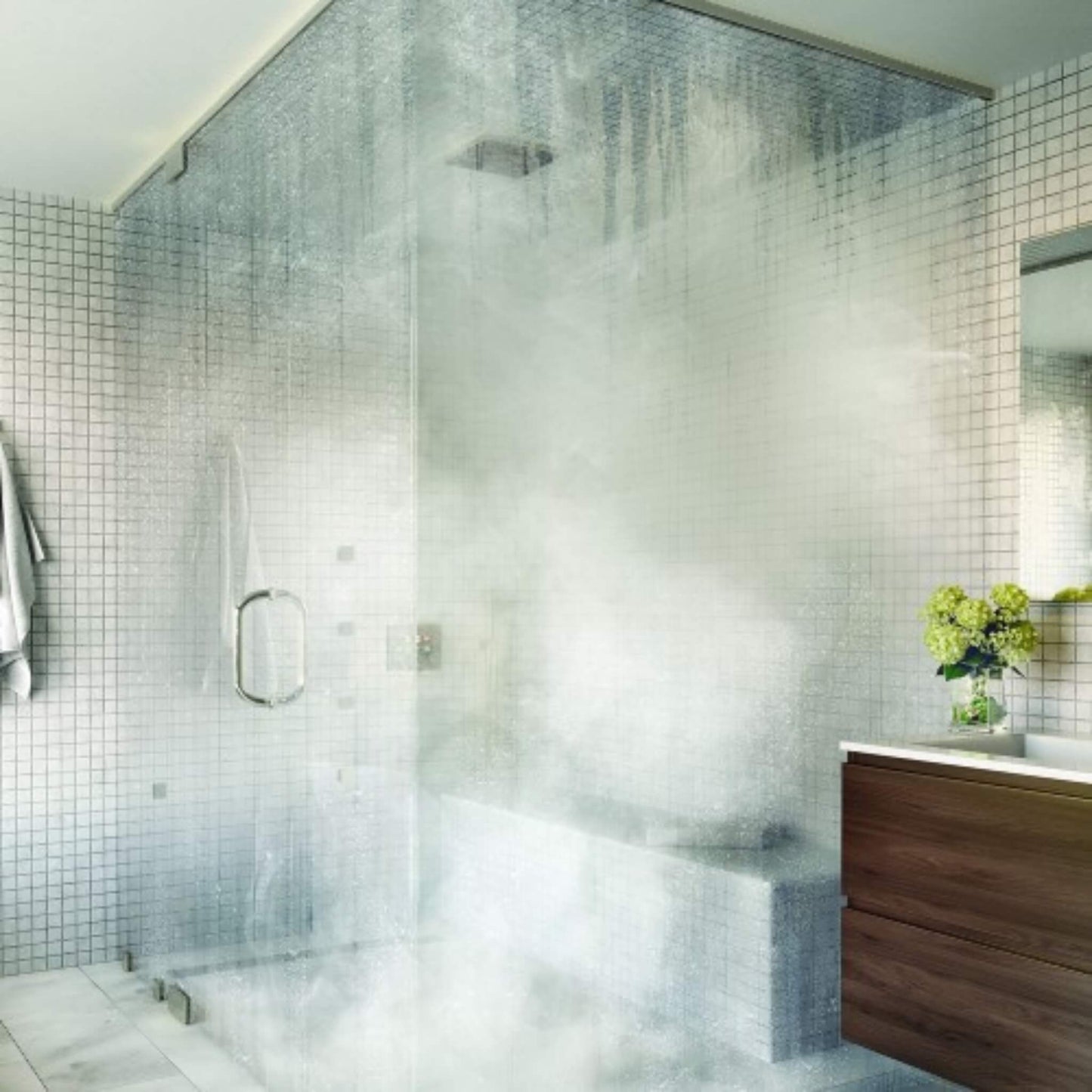 “Modern bathroom filled with steam from ThermaSol SteamVection system”