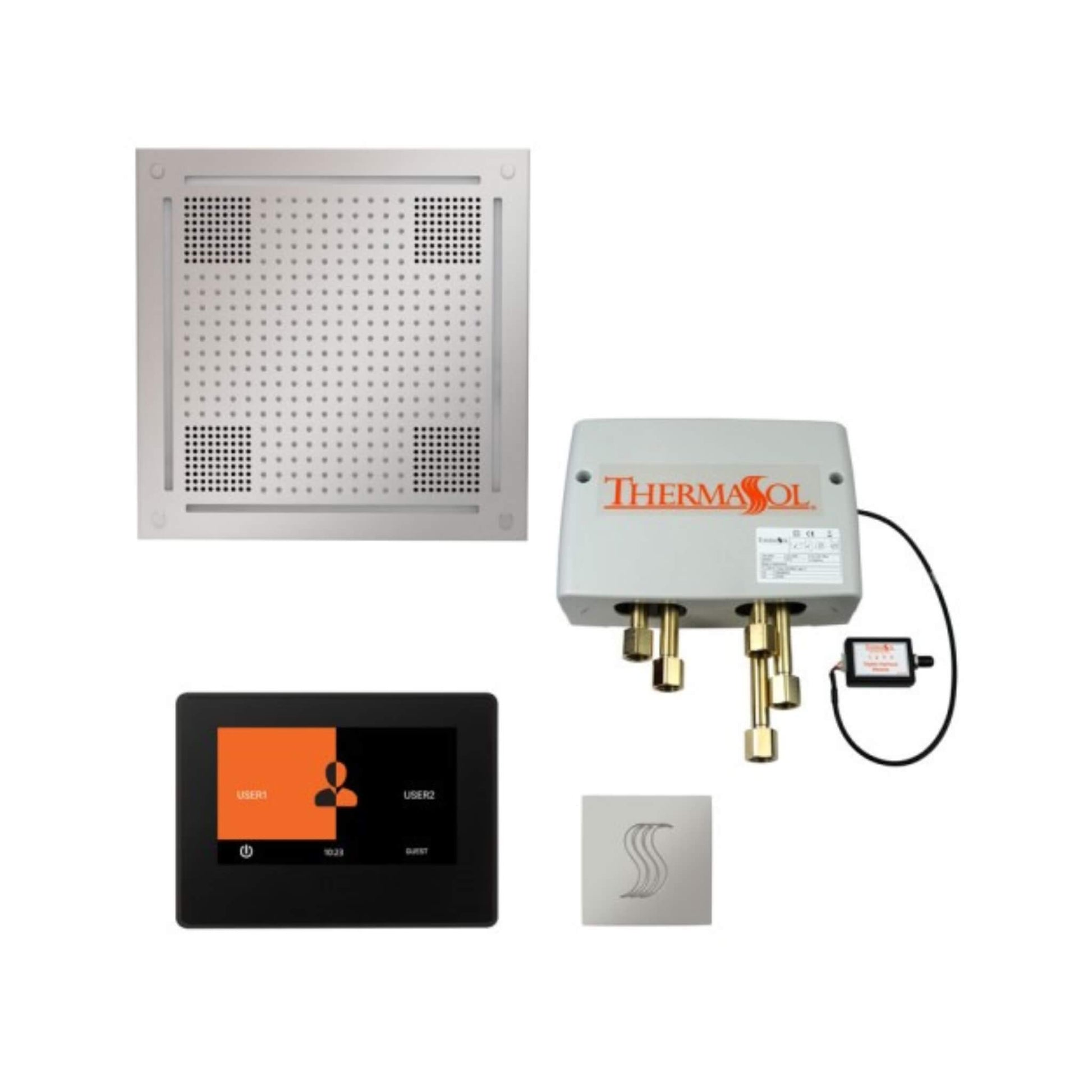 “ThermaSol steam shower package components including ThermaTouch control, valve, steamhead, and power supply”