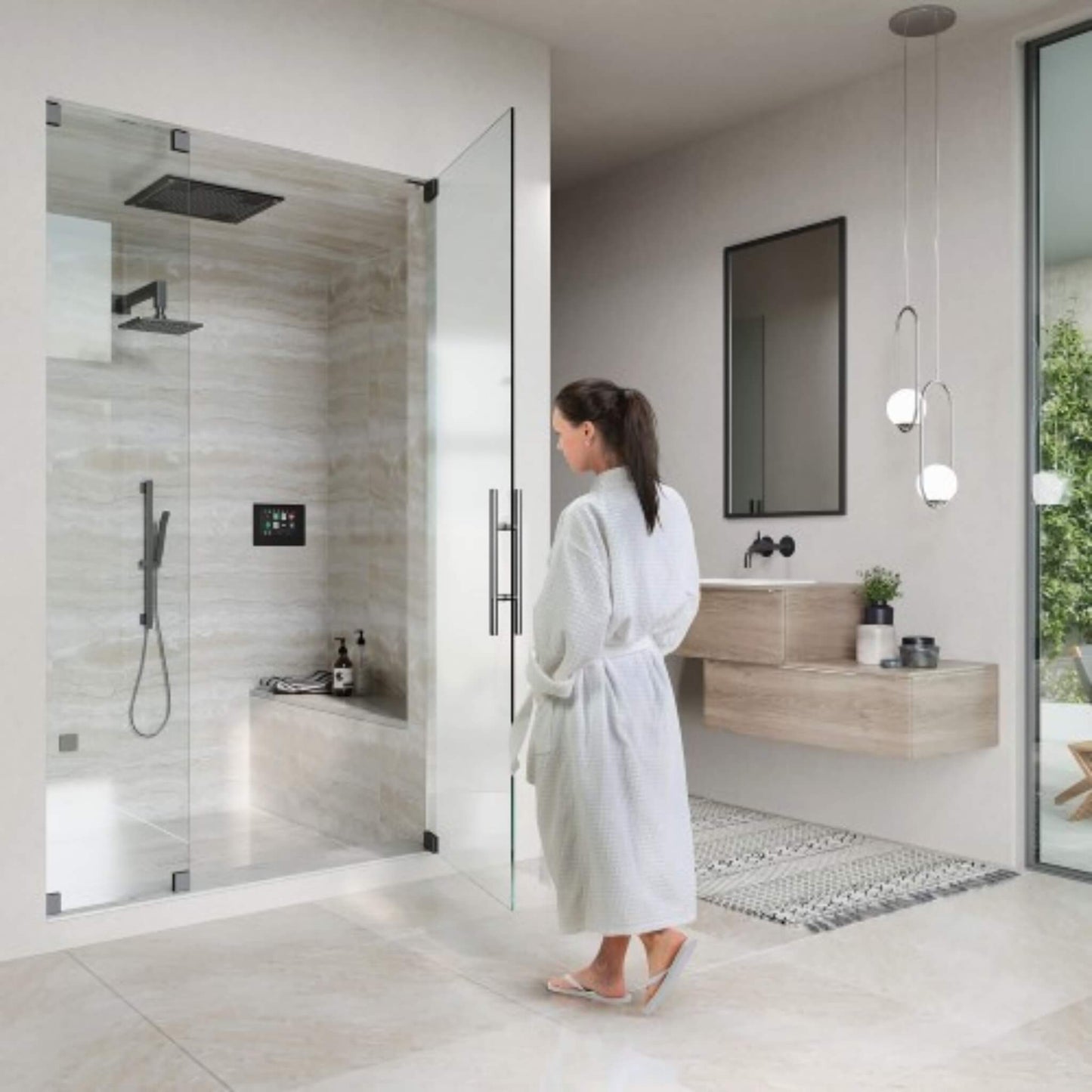 “Luxury shower installation featuring HydroVive rainhead and ThermaTouch control panel”