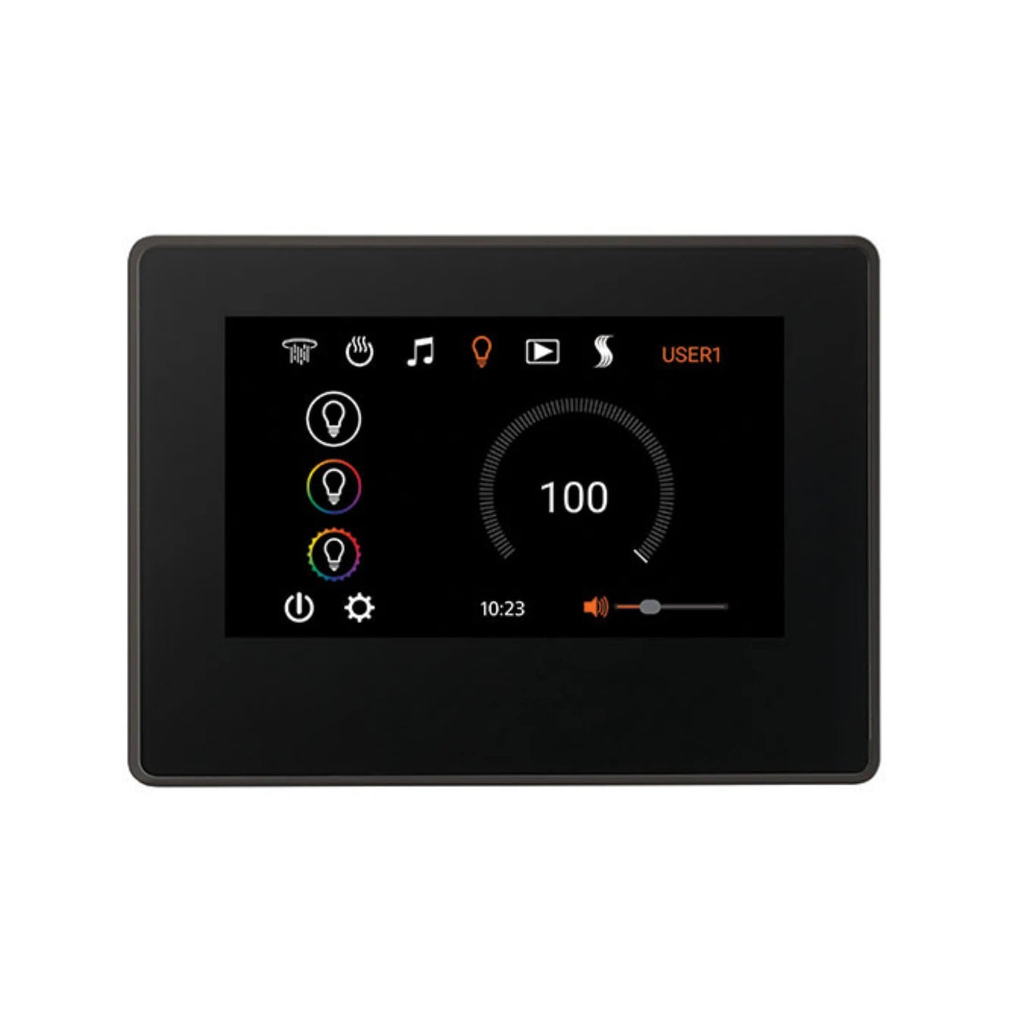 ThermaSol ThermaTouch 7 interface displaying steam and lighting controls on HD touchscreen