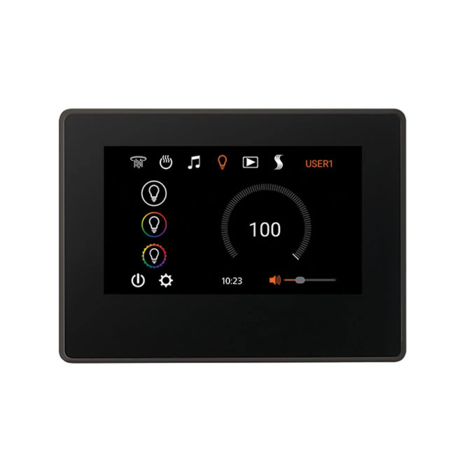 ThermaSol ThermaTouch 7 interface displaying steam and lighting controls on HD touchscreen