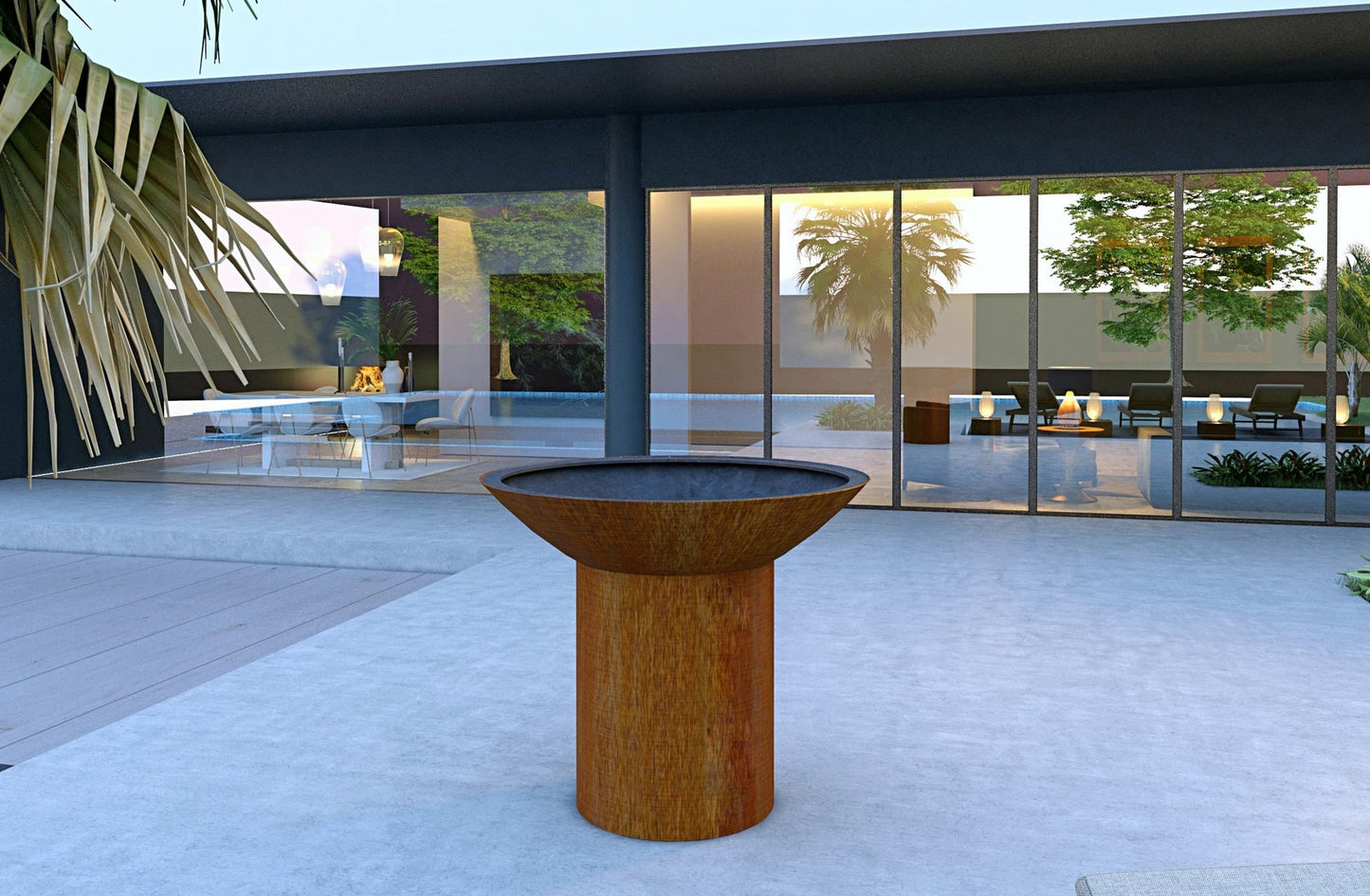 Arteflame Classic 40-inch grill positioned beside a modern poolside seating area.